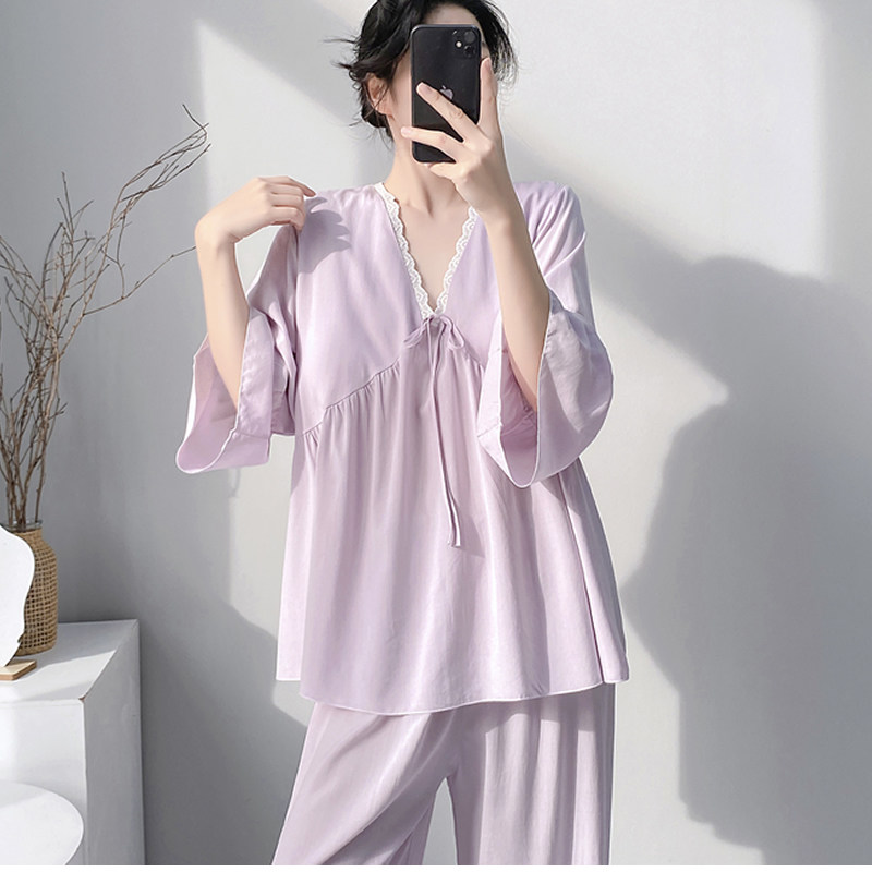 带胸垫薄款夏季棉绸女士家居服套装韩版中袖长裤绵绸睡衣女夏简约