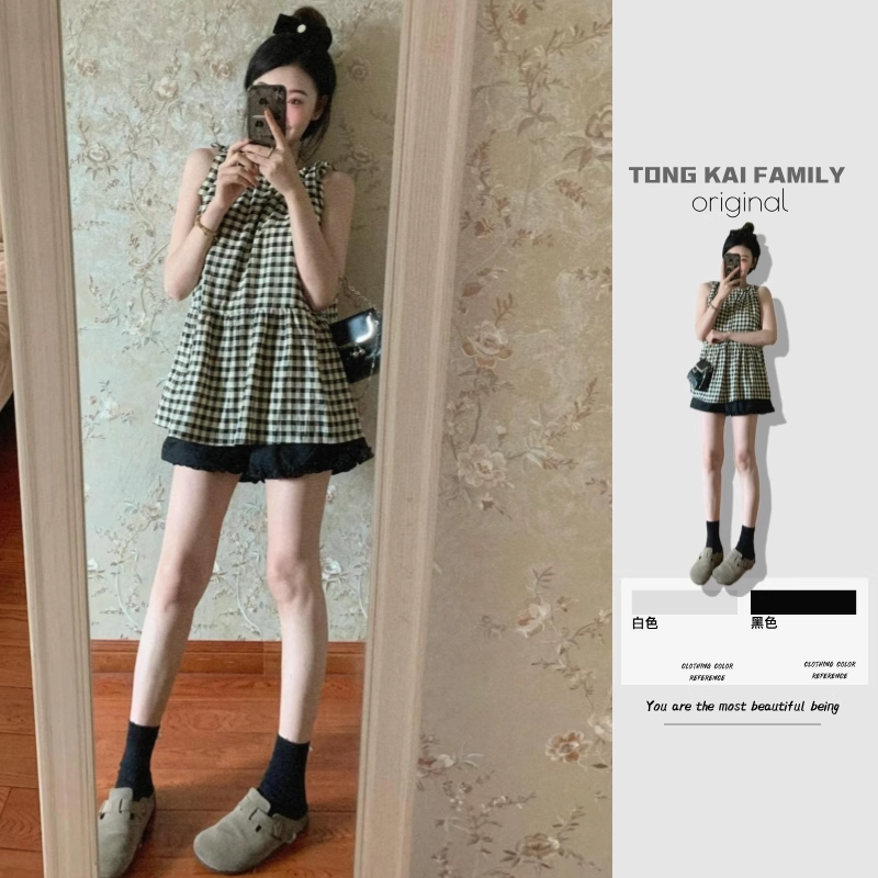 新款孕妇夏季孕妇装外穿套装无袖格子上衣+托腹短裤孕妇两件套