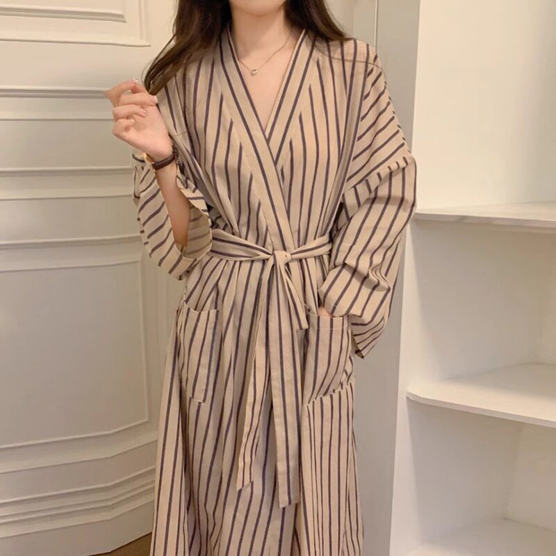 浴袍女四季通用高级睡袍条纹长款和服ins宽松慵懒复古睡衣家居服