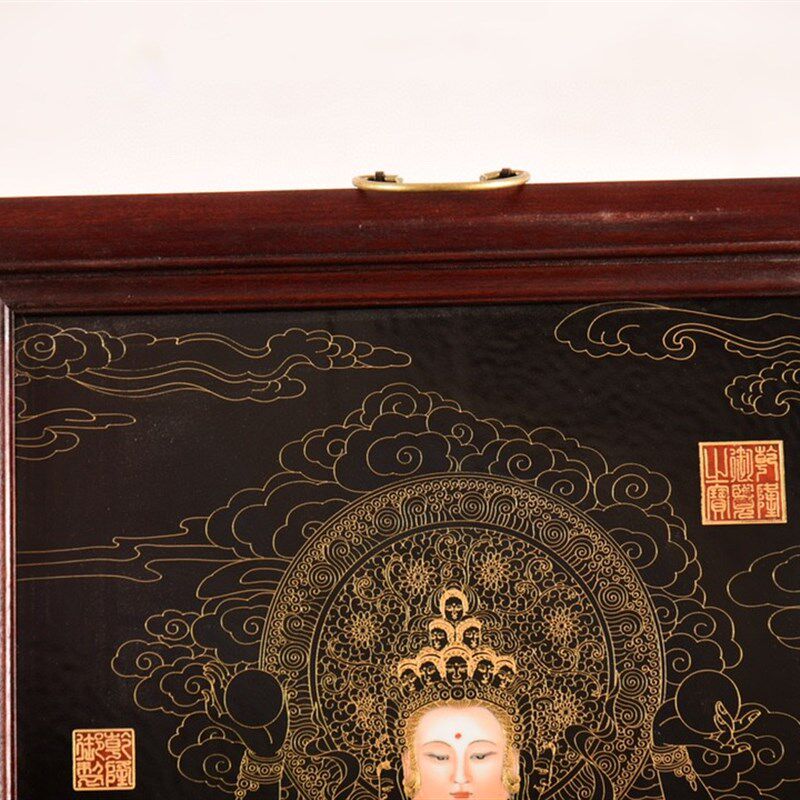 实红木框镶黑底掐k丝站莲花菩萨观音唐卡像瓷板画佛中堂挂屏风装