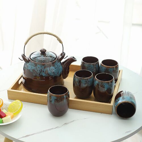大容量提梁壶茶具套组窑变深色中式花草茶L壶水壶带滤网餐厅茶水