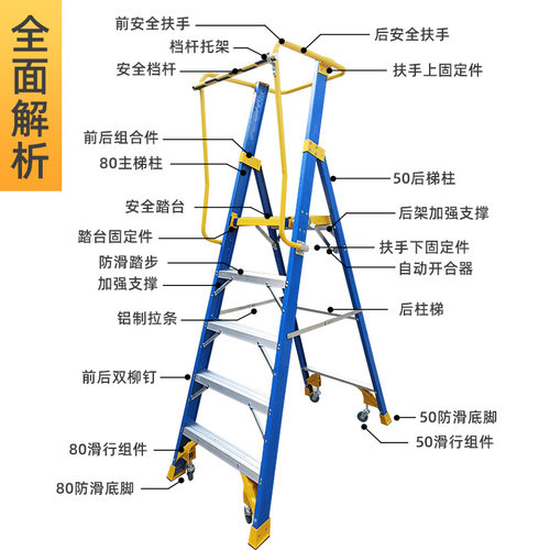 电工玻璃钢绝缘梯带扶手人字梯工程梯纤维安全梯S折叠围栏平台梯