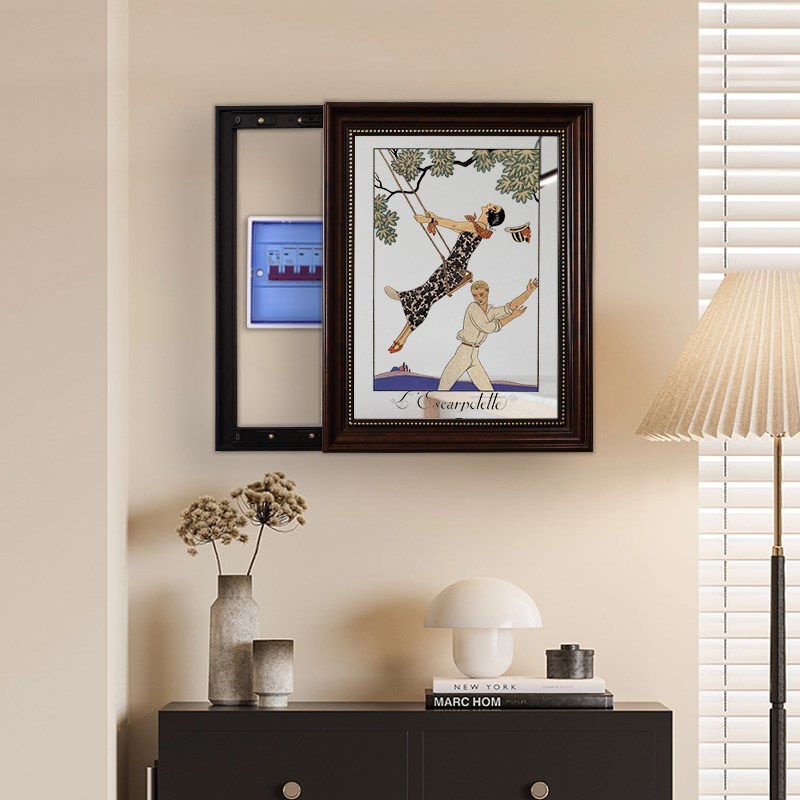 美式复古镜面推拉电表箱挂画餐厅客厅遮I挡法式中古镜子配电箱壁