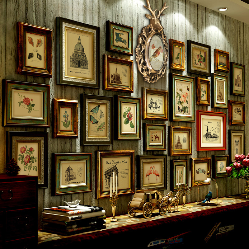 奢华复古实木美式照片墙鹿头相框客厅相片挂墙P做旧欧式超大组合