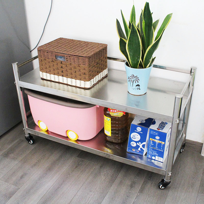 304不锈钢高60两层护栏带轮厨B房储物架台面置物架微波炉烤箱收纳