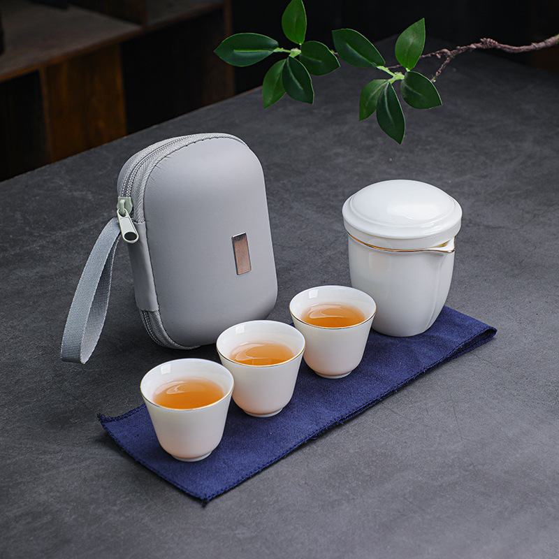 羊脂玉瓷旅行功夫茶n具快客杯套装泡茶壶便携式户外随行包陶瓷茶