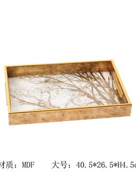 欧式轻奢金色长方形透明底茂密树枝托盘摆件样板S间客厅收纳盘装