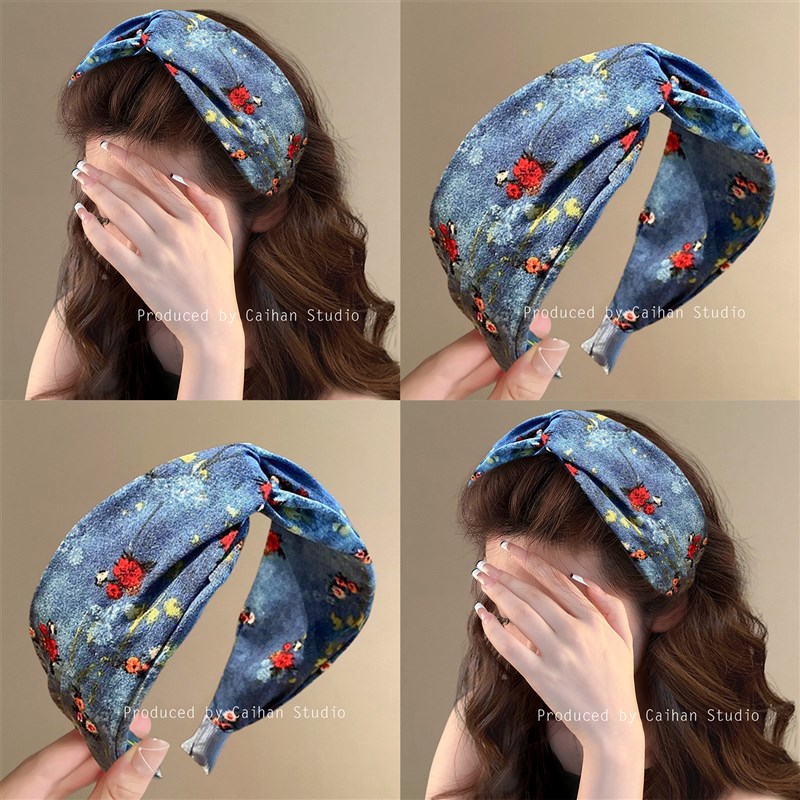 海沫鸢尾蓝~法式油画晕染发箍梦幻蓝高颅顶发P箍文艺风发捆盘发器