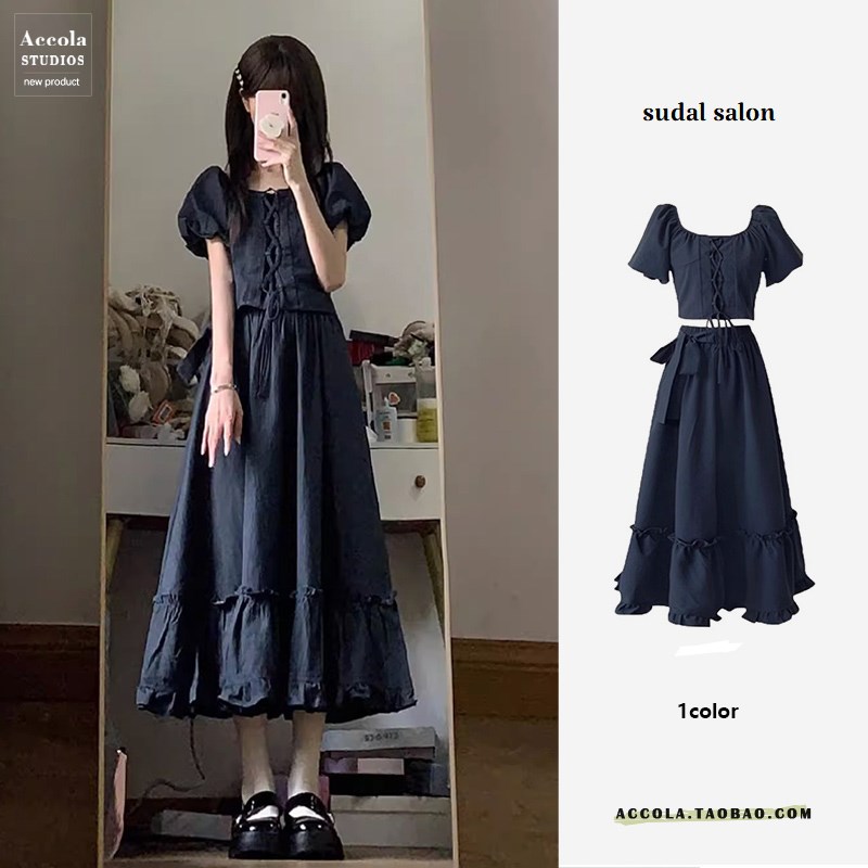 速发茶系结搭一整套夏天炸半洋气别致系带上衣蝴蝶穿牛仔街身裙两