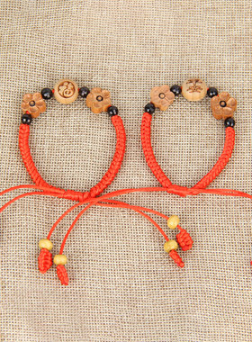 速发桃木花链招财貔貅铃铛梅手款木手串男原式儿童宝宝红绳护身