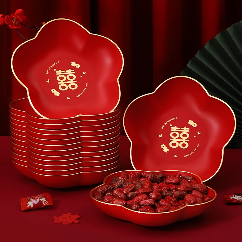速发结婚的盘客厅红色盘婚礼用果喜干子订婚盘果盘摆件