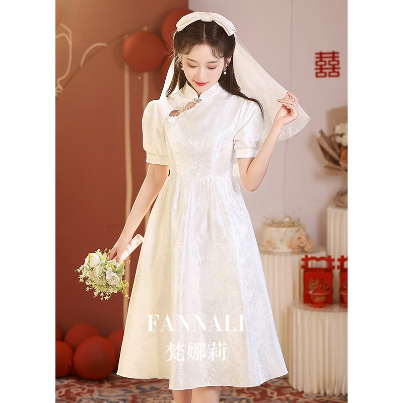 速发新中式领证登记小礼服大码白色孕妇订婚旗袍高腰遮肚子夏天