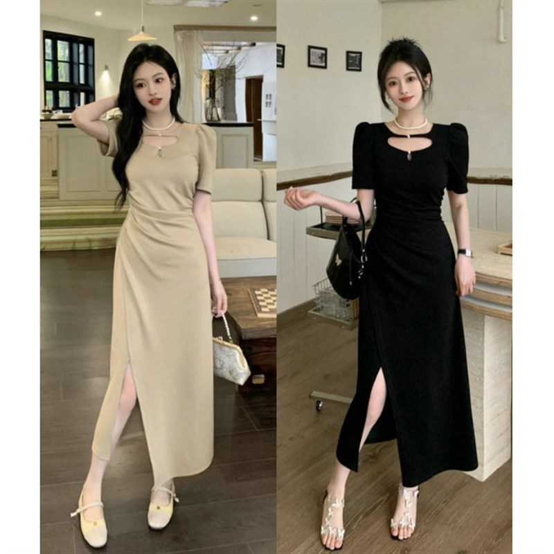 速发大码轻熟风气质连衣裙夏装开叉包臀裙设计腰褶皱收感长裙