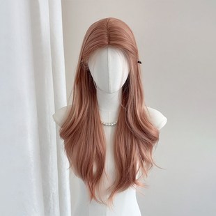 速发【夏吴小甜心】日慧浪粉色假发前额蕾丝中分大波拉长卷发全头