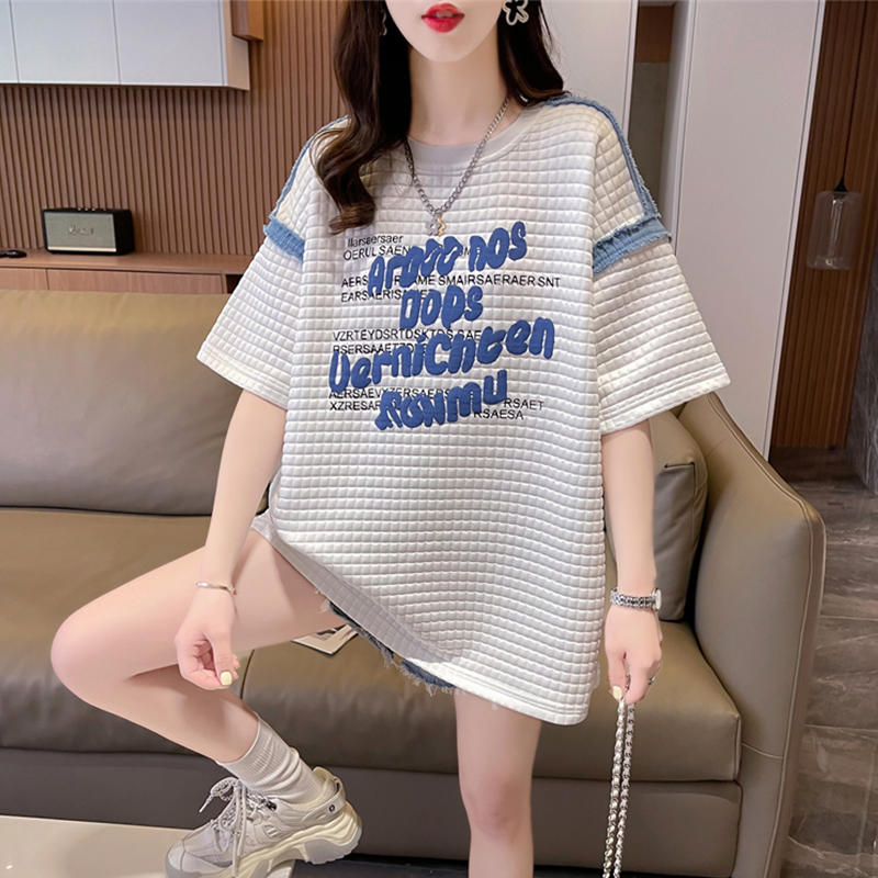 速发华夏格提花t恤夫季韩版宽松大码装失长款下衣中踪上衣服