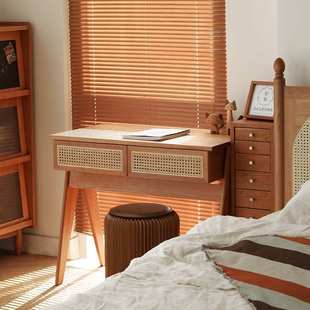 弄舍日式简约实木写字台家用电脑桌藤编樱桃木书桌小户型