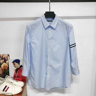 DH鸟厂男装夏季新款男士合身七分袖蓝白条纹衬衫男织带撞袖衬衣