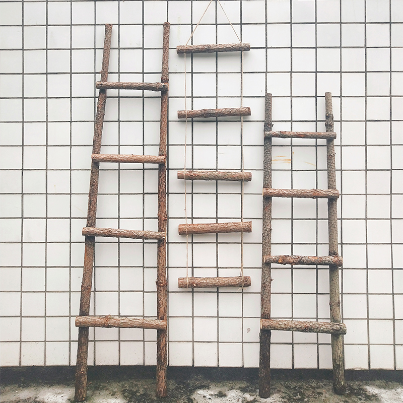 复古带树皮树枝实木手工木桩木质装饰梯子楼梯场景布置道具摆件