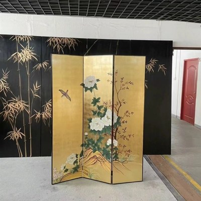 折屏屏风金箔花鸟手绘漆画隔断玄关背景墙客厅沙发卧室移动中式