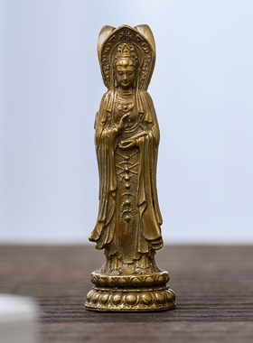 纯黄铜南海观世音菩萨三面观音佛像摆件精致随身佛书房家居装饰品