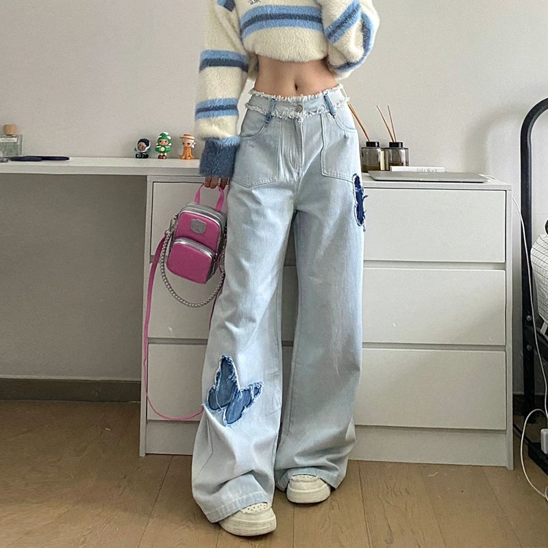 300斤大码女装胖mm蝴蝶绣花宽松毛边牛仔裤女梨型身材高腰拖地裤