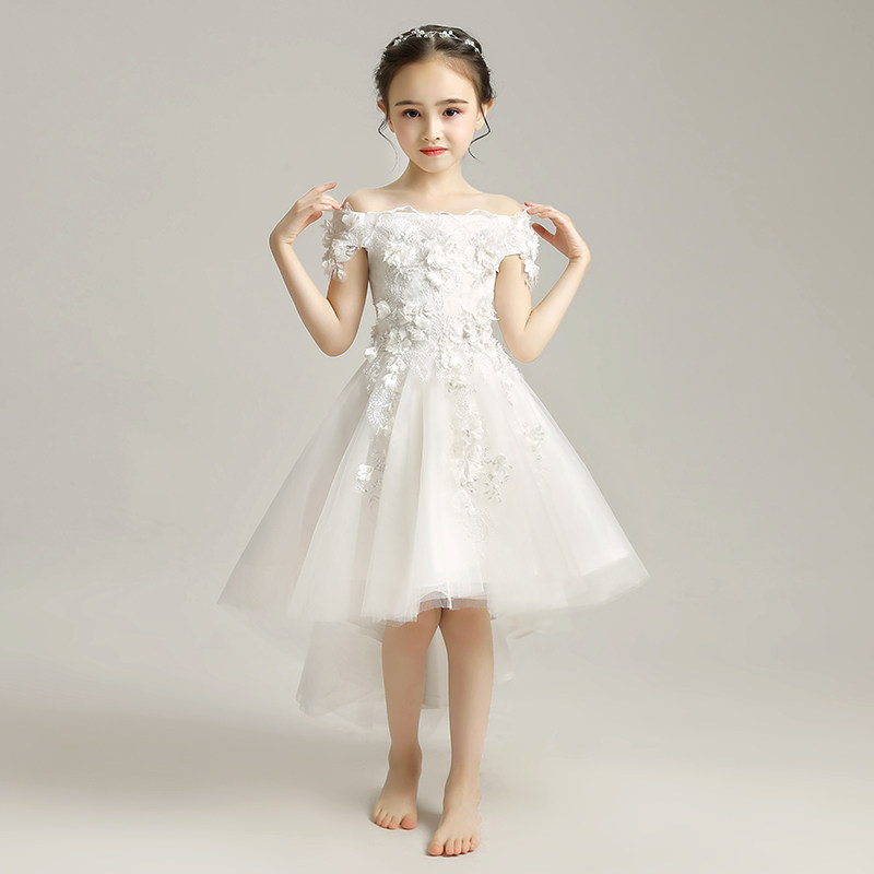 儿童礼服女童婚纱小花童前短后长蓬蓬白纱公主裙弹钢琴演出服秋