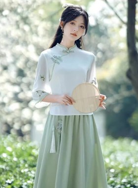 新中式日常汉服套装女夏季薄款民国风改良旗袍上衣半身裙禅意茶服