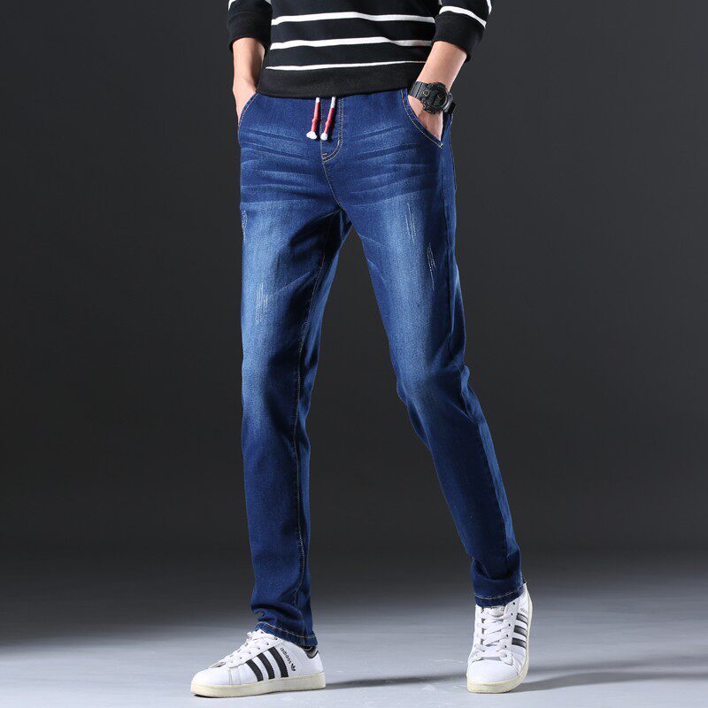 无铁无磁无金属男裤子加绒松紧腰休闲牛仔裤男潮弹力冬季直筒宽松