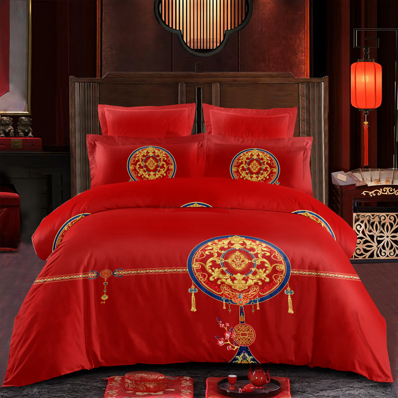 婚庆四件套大红色结婚全棉1.8m2.0m床双人被套床单式喜庆床上用品