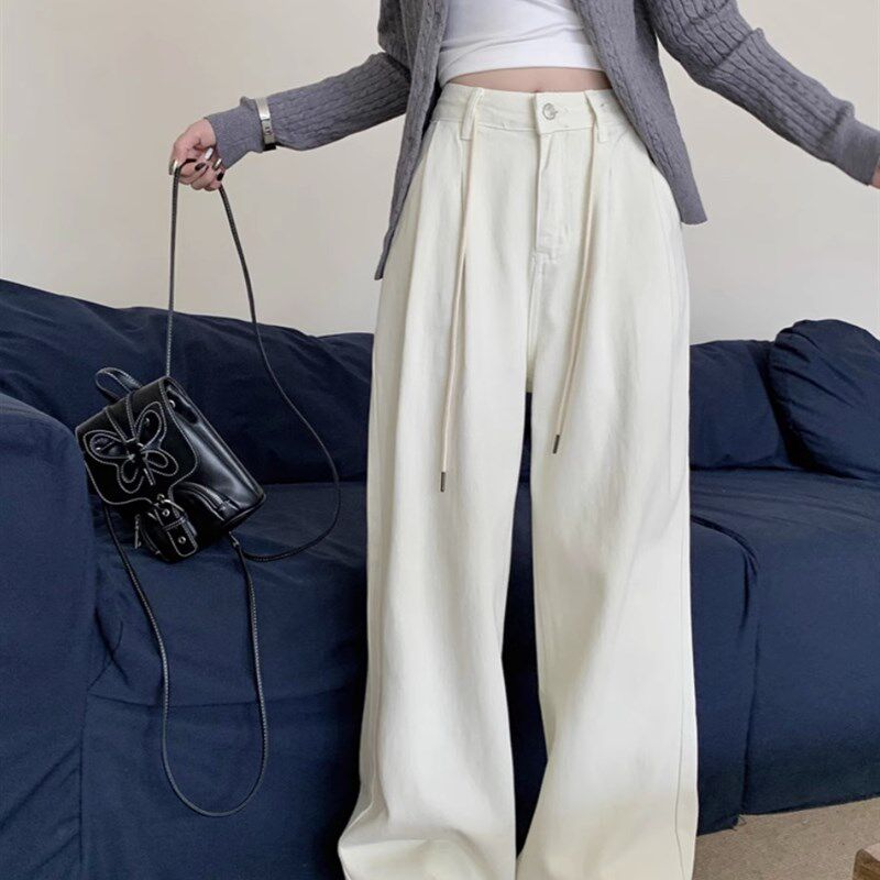 白色抽绳阔腿牛仔裤女秋季美式休闲高腰宽松百搭垂感拖地直筒长裤