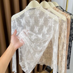 薄款半高领蕾丝打底衫女春秋2025新款木耳边内搭叠穿薄纱网纱上衣