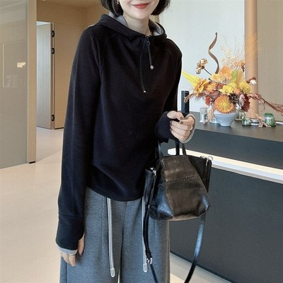 双面绒加厚半拉链连帽撞色卫衣女2025冬季新款时尚百搭显瘦上衣潮