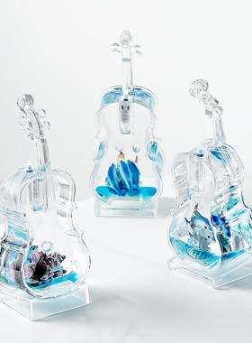 创意小提琴透明水液体蓝色海豚闪光摆件书房桌面装饰品儿童节礼物