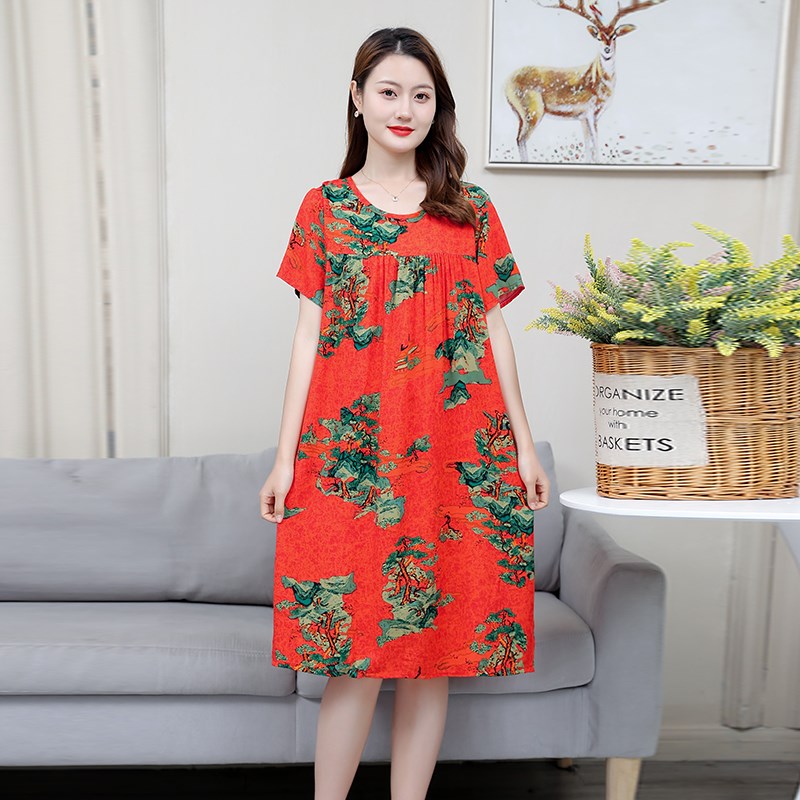 中老年女装棉绸睡裙大码妈妈装短袖连衣裙睡衣女夏休闲家居服裙子