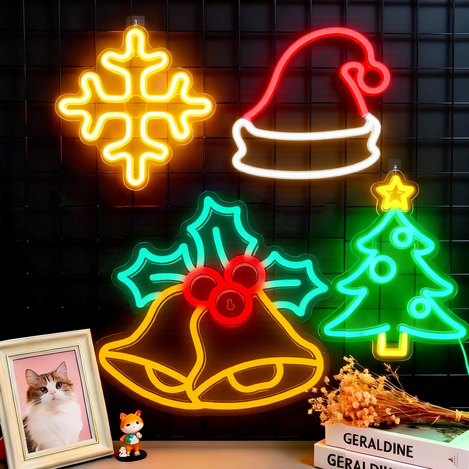 圣诞节装饰发光LED霓虹灯圣诞树铃铛电竞房创意派对氛围场景布置