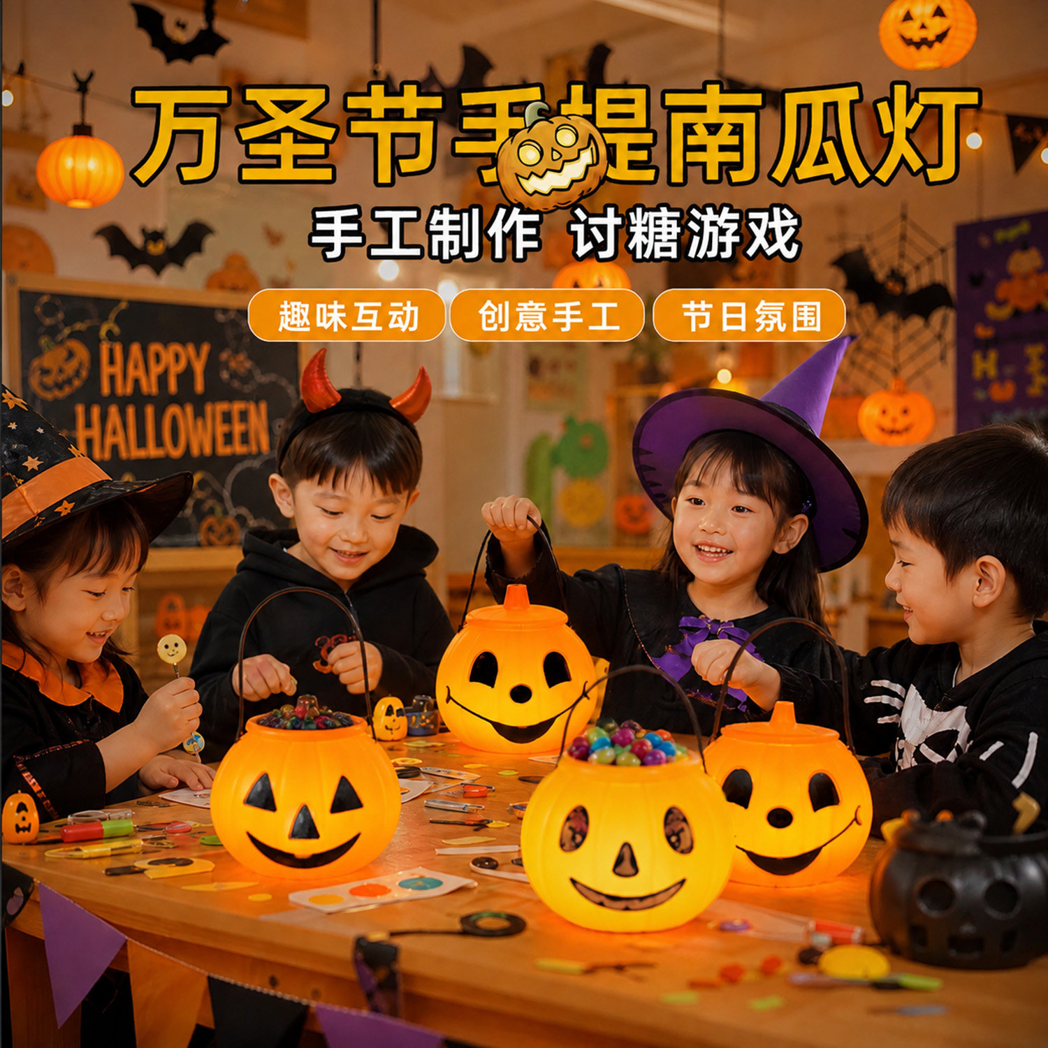 万圣节装饰户外南瓜灯儿童手提讨糖桶发光糖果桶场景布置装扮道具