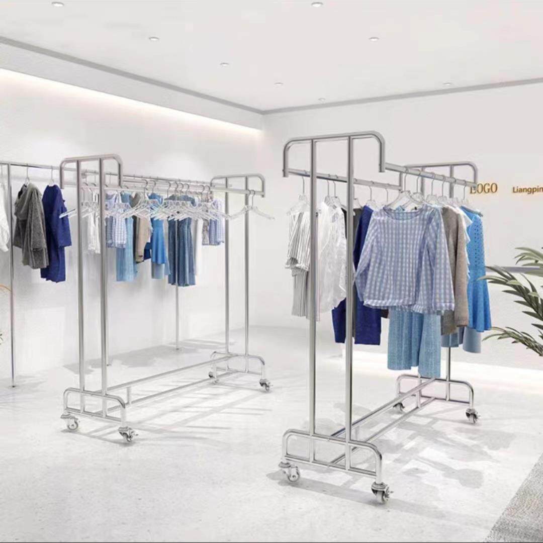 不锈钢落地展示架双杆挂衣架晾衣架双杠中岛架陈列架牛头型服装架