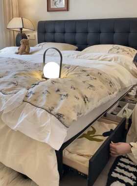 意式极简黑色华夫格真皮现代简约双人床储物高端双人主卧婚床