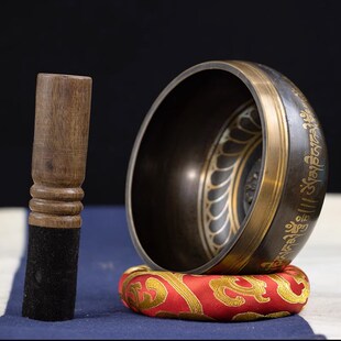 尼泊尔手工佛音碗瑜伽颂钵音疗六C字梵文金文静心钵瑜伽铜盂摆件