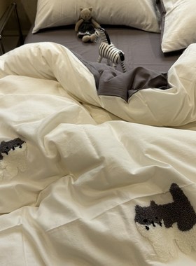 ins水洗棉刺绣小猫咪o灰色床上四件套全棉1.5m1.8米公寓被套三件