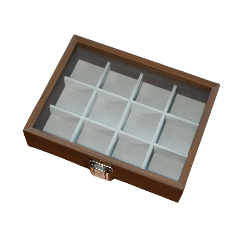 12格黑a胡桃色高档绒布首饰盒小号收纳盒戒指耳环珠宝店展示陈列