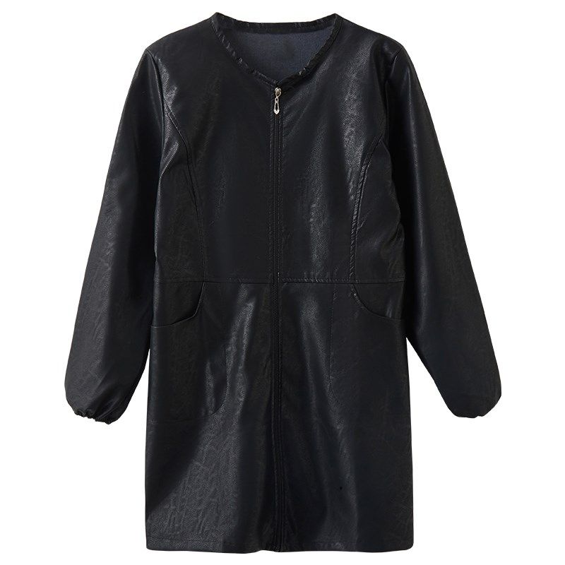 女士上班穿的罩衣新款防水防脏工作服pu皮革长袖防油W厨房围裙护