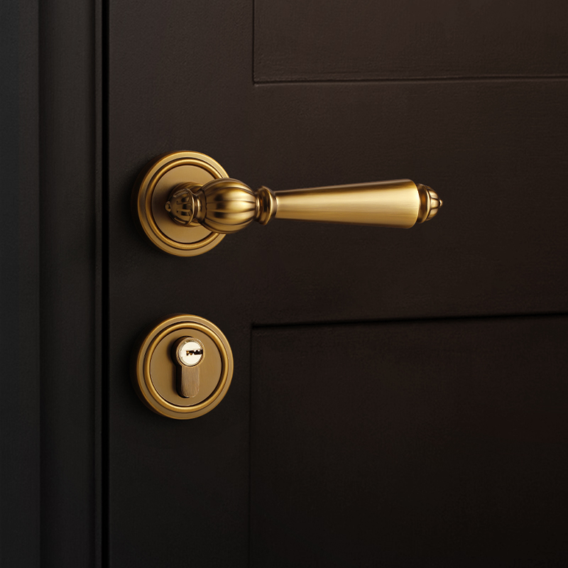 法式卧室门e锁室内房间木门锁黄古铜复古门把手磁吸静音欧式房门