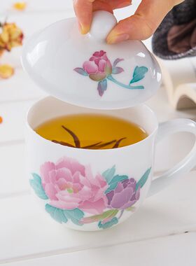 醴陵手绘釉下彩贵妃杯女u神办公用杯带盖泡花茶陶瓷水杯礼品
