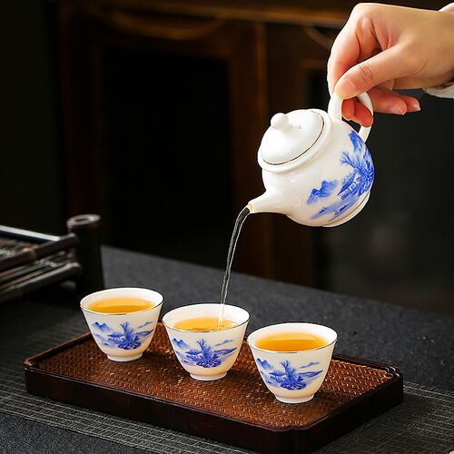 青花瓷旅行茶e具便携套装羊脂玉白瓷茶壶户外泡茶器一壶四杯送礼