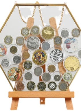 旅游纪念币展示框 硬币收纳架 金属相框玻L璃透明画框复古画框摆