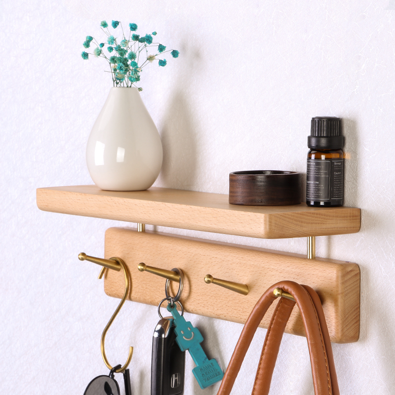 实木进门挂衣架入户黄铜挂钩玄关D墙上置物架黑胡桃木壁挂衣帽钩