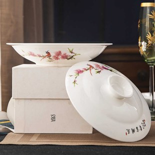 创意玫瑰花镶金边陶瓷家用骨瓷盘子深盘汤盘O饭盘8英寸带盖合器盘