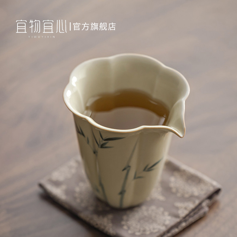 手绘竹韵卿语功夫功道茶杯高级公道杯陶瓷L分茶器茶具茶海单个公