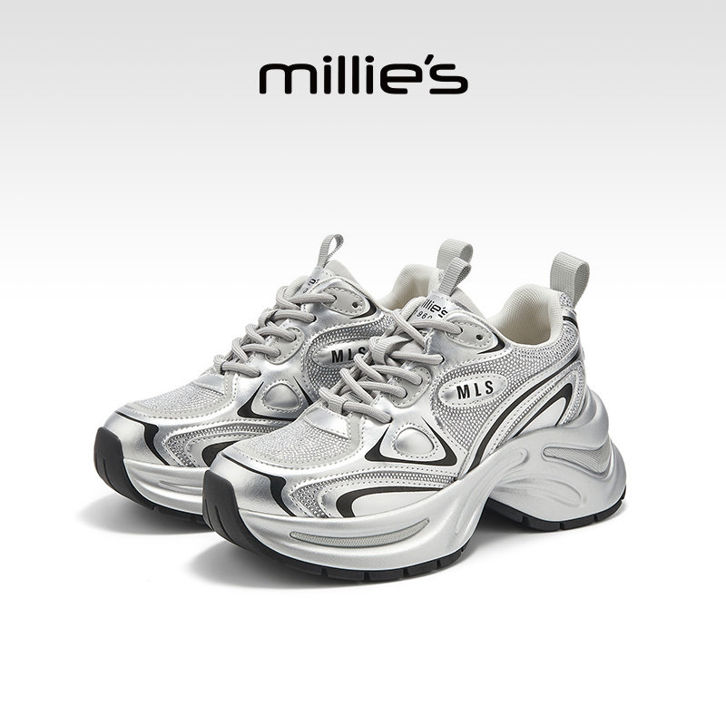 妙丽银色厚底老爹鞋女2025新款小个子增高配阔腿裤运动休闲鞋春款